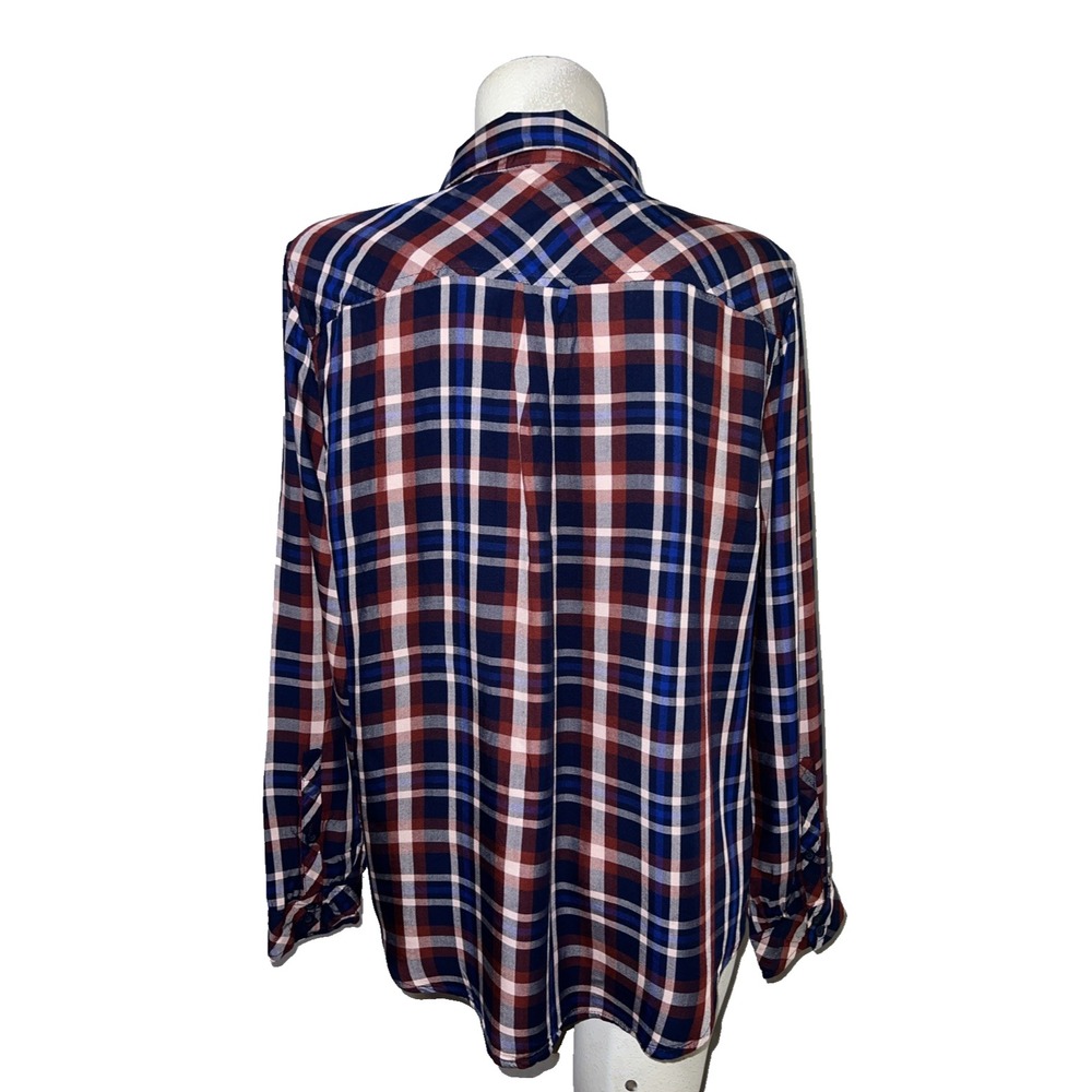 Torrid Womens Plus Size 1 Navy Blue Burgundy Plaid Rayon Button Down Shirt Top - Picture 5 of 8